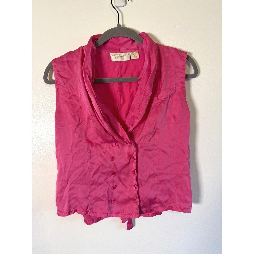 Victorias Secret Vintage Gold Label Pink Silk Vest Y2K Shawl Collar Top Small